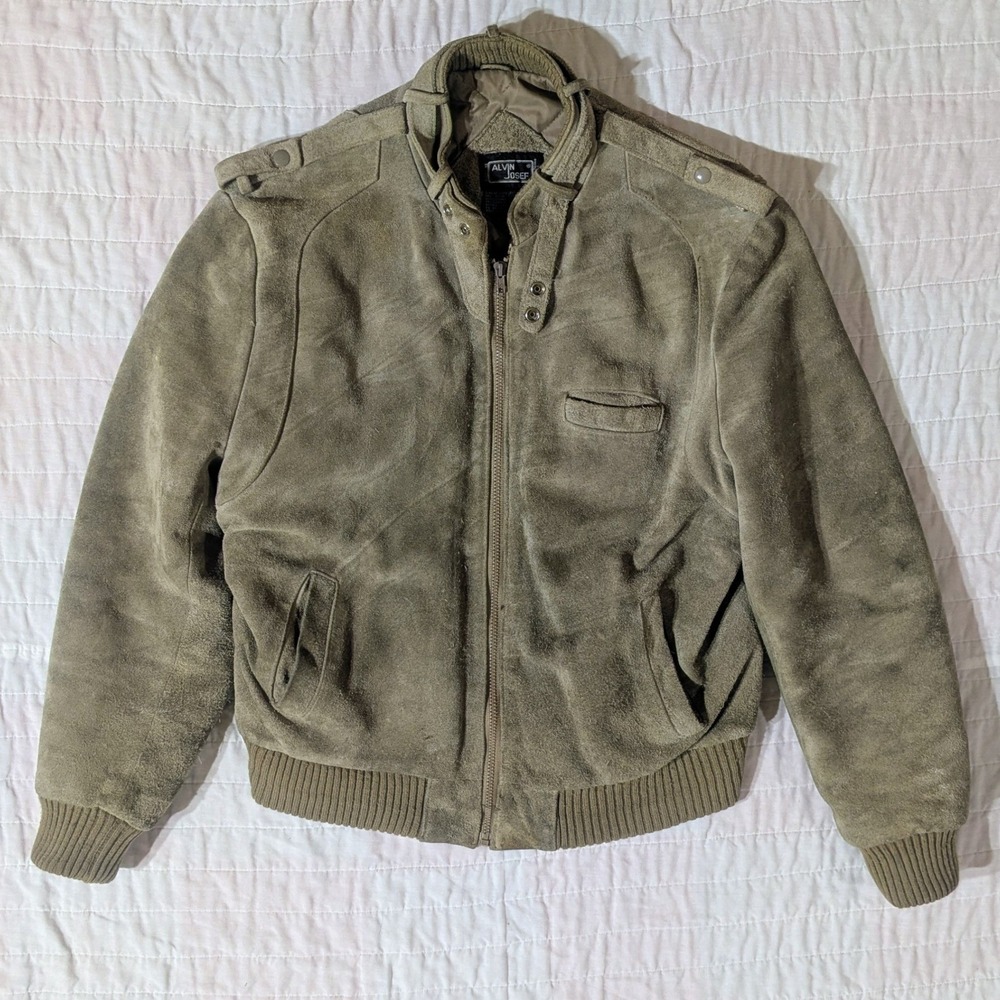Alvin Josef Vtg Suede Leather Bomber Jacket Tan Quilted Chinstrap  epaulettes XL